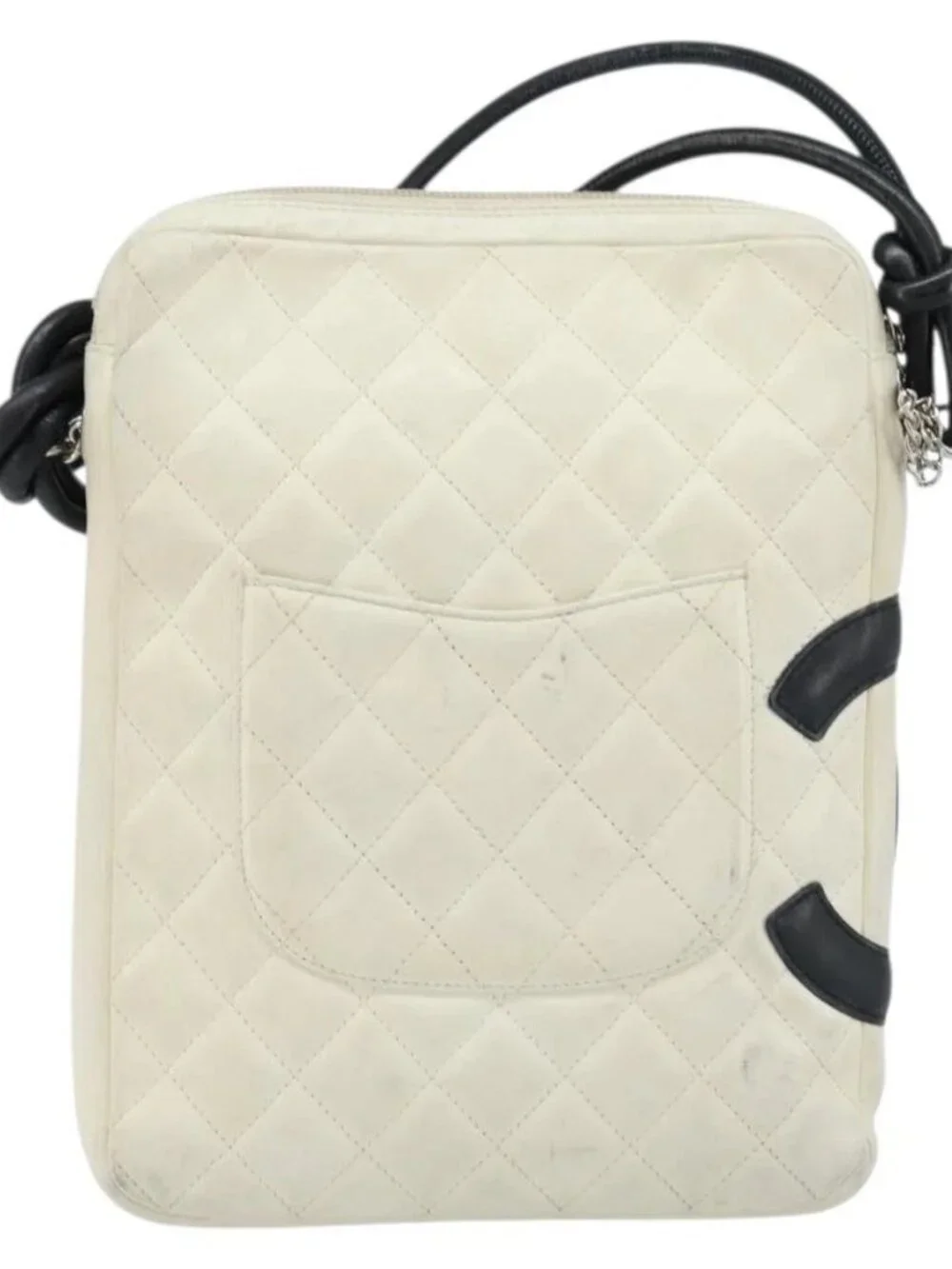 CHANEL Cambon Line Shoulder Bag Lamb Skin White Black CC Auth 172750